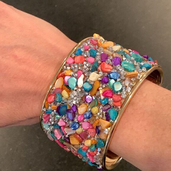 18k Gold Plate Rainbow Sprinkles Gemstone Cuff Multicolor Wide Bangle Bracelet - Picture 4 of 9